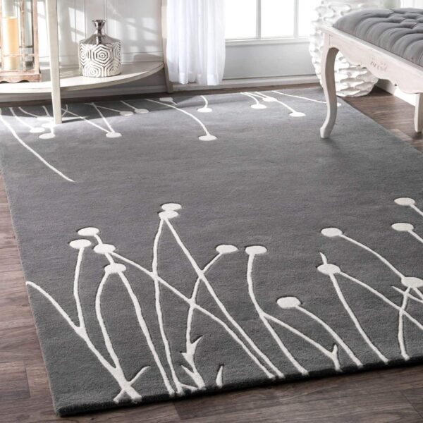 Modern Gray Area Rug with White Abstract Botanical Design