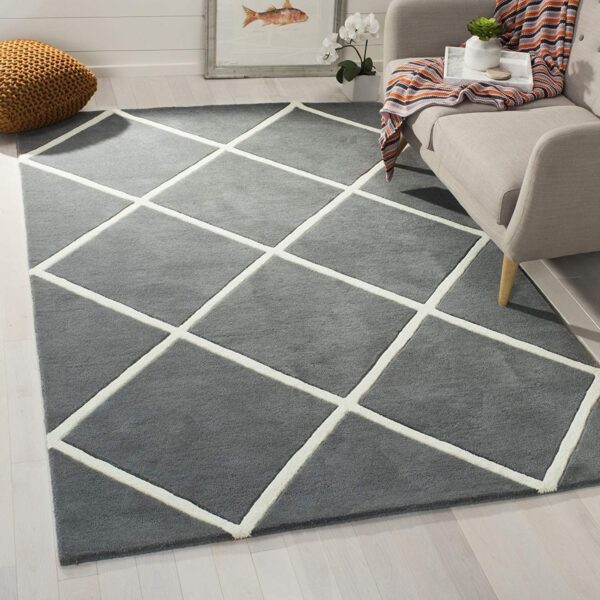 Modern Gray Rug with White Geometric Pattern Design